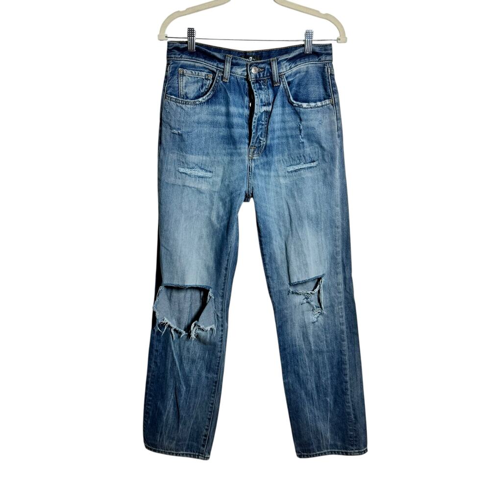 7 For All Mankind Slashed Easy Straight Jean Women 27 Blue Minimal Distressed